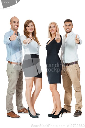 Image of smiling business team group together thumbs up isolated