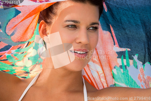 Image of Beautiful vivacious woman at the seaside