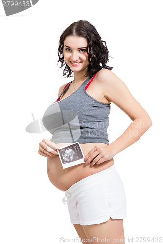 Image of Pregnant woman displaying a prenatal ultrasound