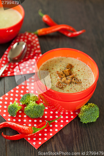 Image of Bowl of chili pepper and broccoli soup