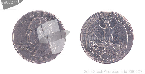 Image of Twenty five American cents on a white background