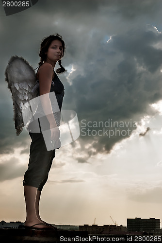 Image of Attractive woman with angel wings on roof