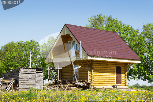 Image of Wooden house in the meadow with dandelions