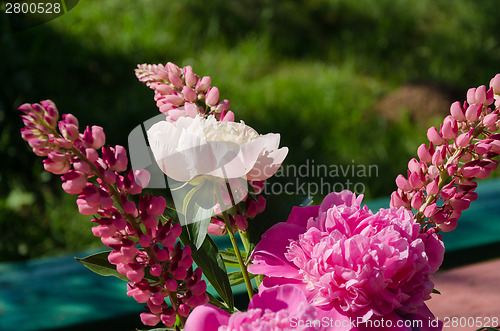 Image of peony and lupine bouquet on green grass background 
