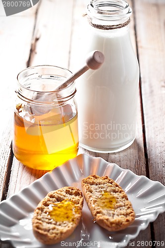 Image of crackers, milk and honey 