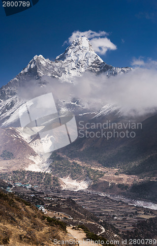 Image of Panoramic view of Ama Dablam peak and himalaya village