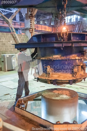 Image of Worker making circle block on equipment