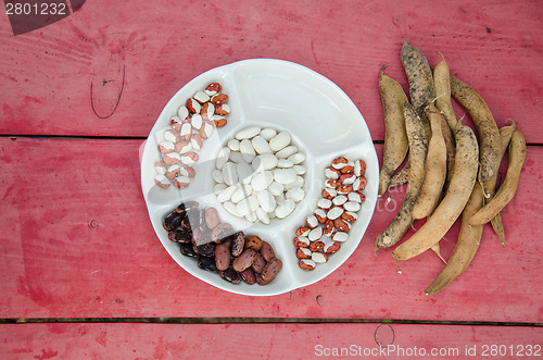 Image of beans in plate few full pods on the table outdoor 