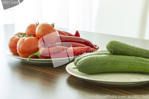 Image of Tomato, cucumber, pepper on plate