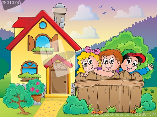 Image of House and fence with children