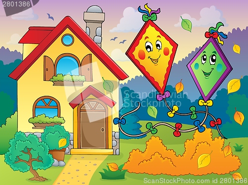 Image of Autumn theme with kites and house