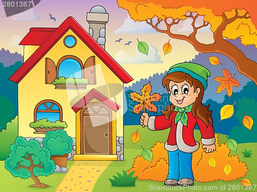 Image of Autumn theme with girl and house