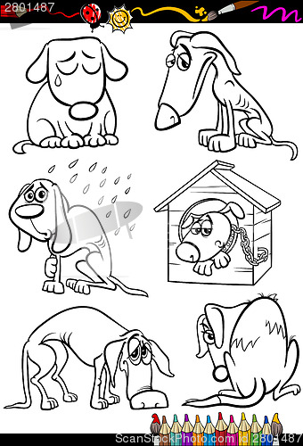 Image of sad dogs group cartoon coloring book