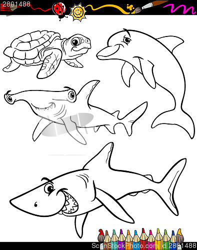 Image of sea life animals cartoon coloring book