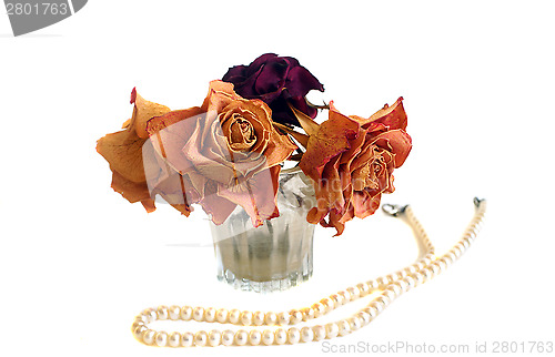 Image of Composition of three dried roses and string of pearls