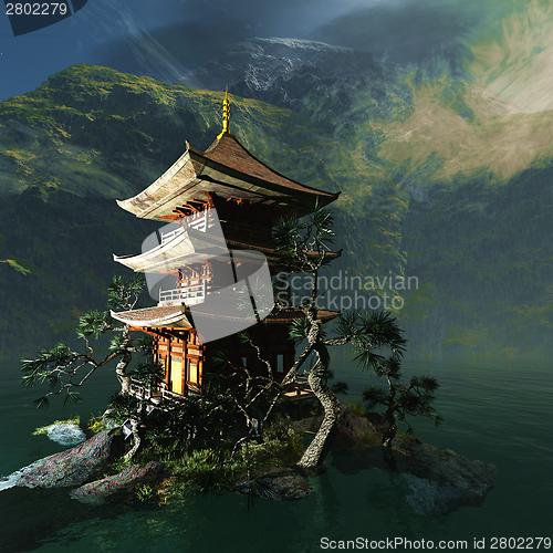 Image of Buddhist temple in mountains