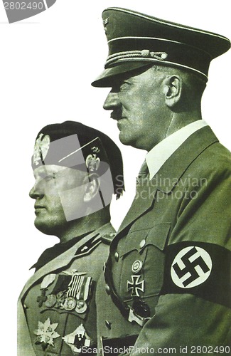 Image of GERMANY, circa 1943: Benito Mussolini and Adolf Hitler shown on a propaganda German Nazi newspaper, circa 1943