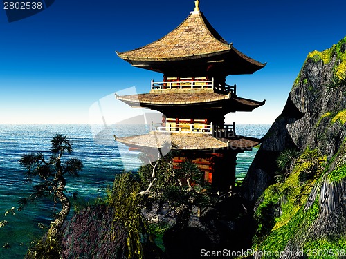 Image of Buddhist temple in  mountains