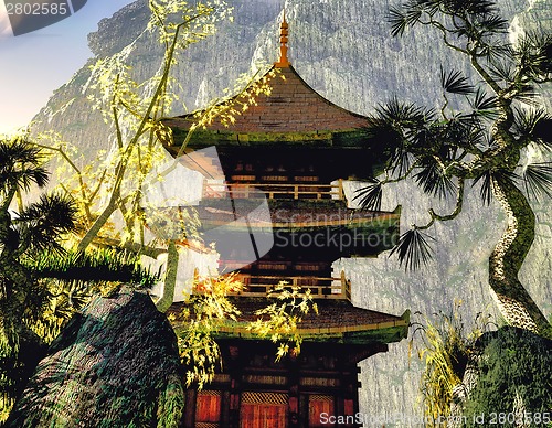 Image of Buddhist temple in mountains