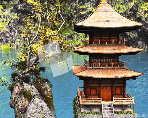 Image of Buddhist temple in mountains