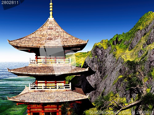 Image of Buddhist temple in  mountains