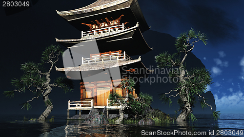 Image of Buddhist temple in mountains