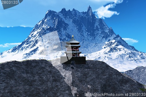 Image of Buddhist temple in mountains