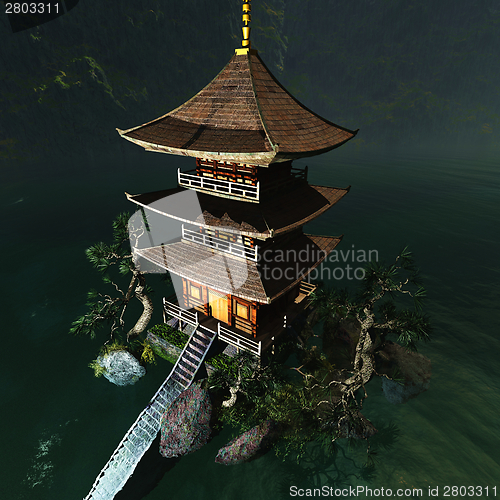 Image of Buddhist temple in mountains