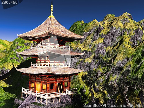 Image of Buddhist temple in  mountains