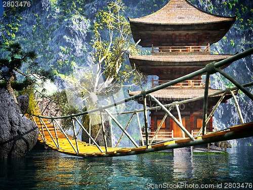 Image of Buddhist temple in mountains