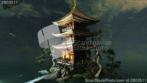 Image of Buddhist temple in mountains