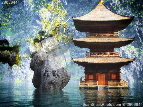 Image of Buddhist temple in mountains