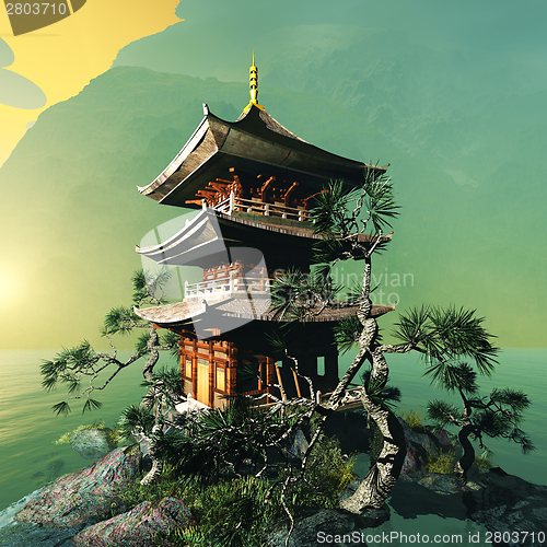 Image of Buddhist temple in mountains