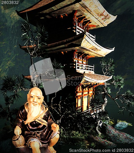 Image of Buddhist temple in mountains