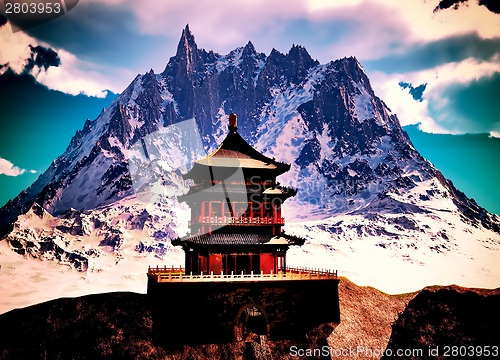 Image of Buddhist temple in mountains
