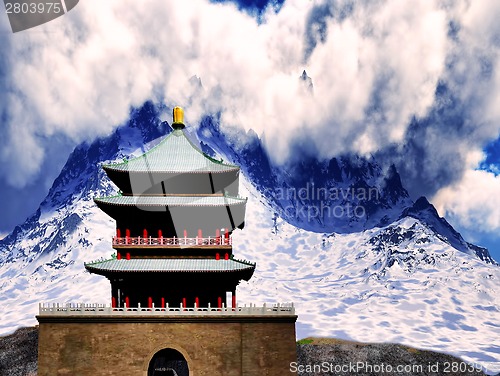 Image of Buddhist temple in mountains