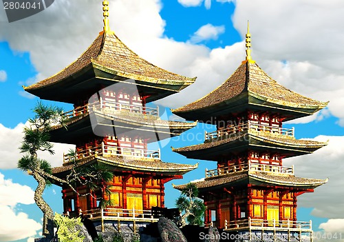 Image of Buddhist temple in mountains