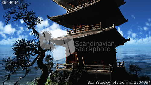 Image of Buddhist temple in mountains