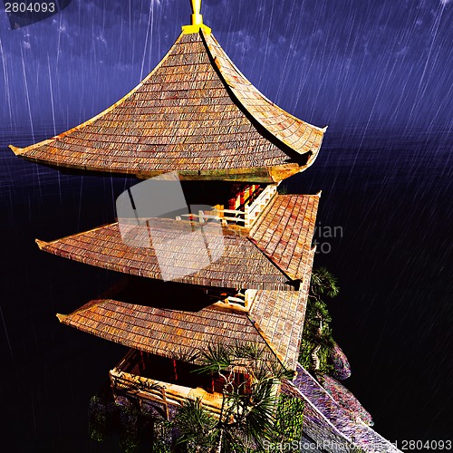 Image of Buddhist temple in  mountains