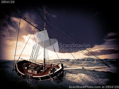 Image of Old pirate frigate on stormy seas
