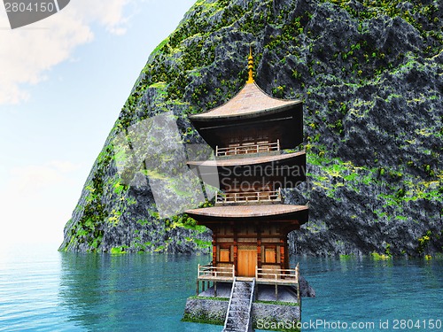 Image of Buddhist temple in mountains