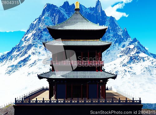 Image of Buddhist temple in mountains