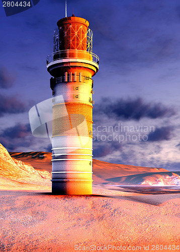 Image of Beautiful lighthouse by the ocean at sunset