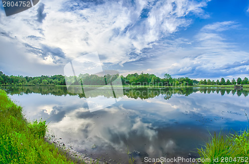 Image of sun setting over a reflective lake