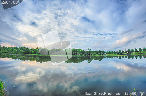 Image of sun setting over a reflective lake