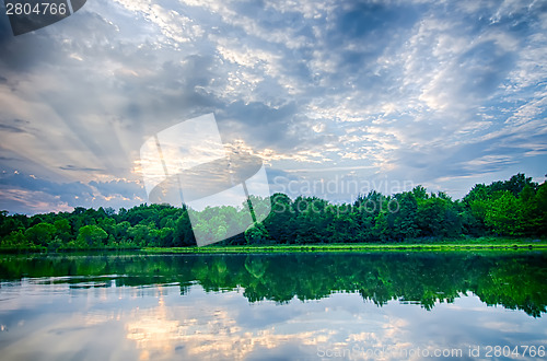Image of sun setting over a reflective lake