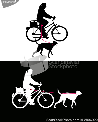 Image of Women on bicycle with dogs on leash