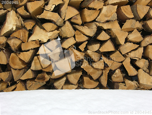 Image of A stack of logs with snow  in the foreground