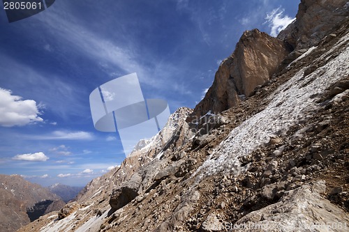 Image of Rocks with snow at sun day