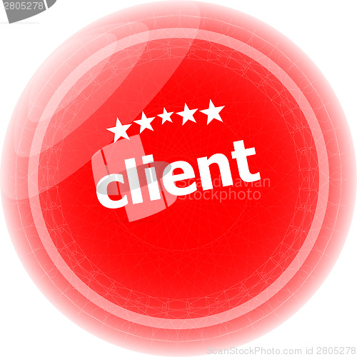 Image of client on red rubber stamp over a white background